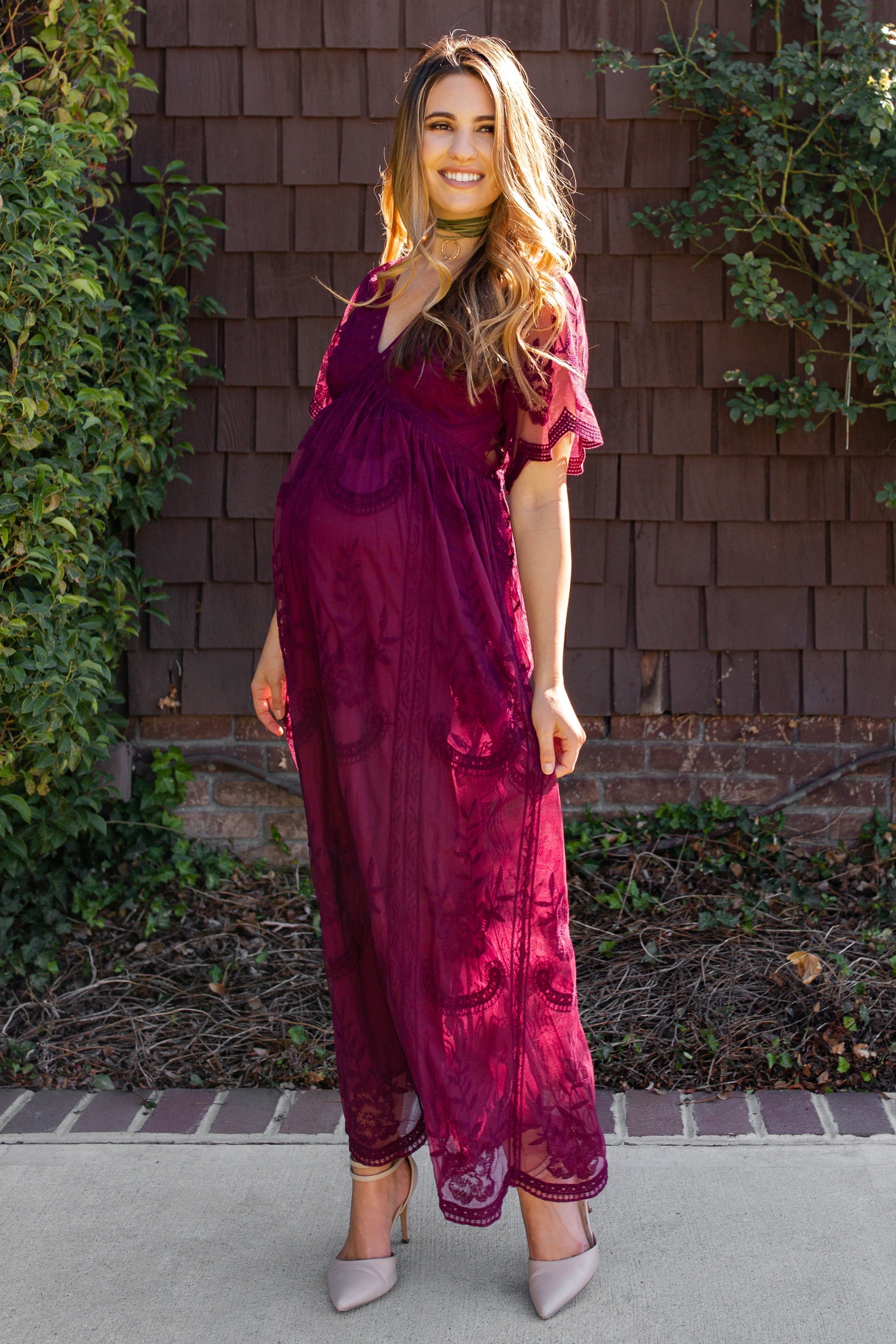 Burgundy kanten mesh overlay Maxi-Jurk