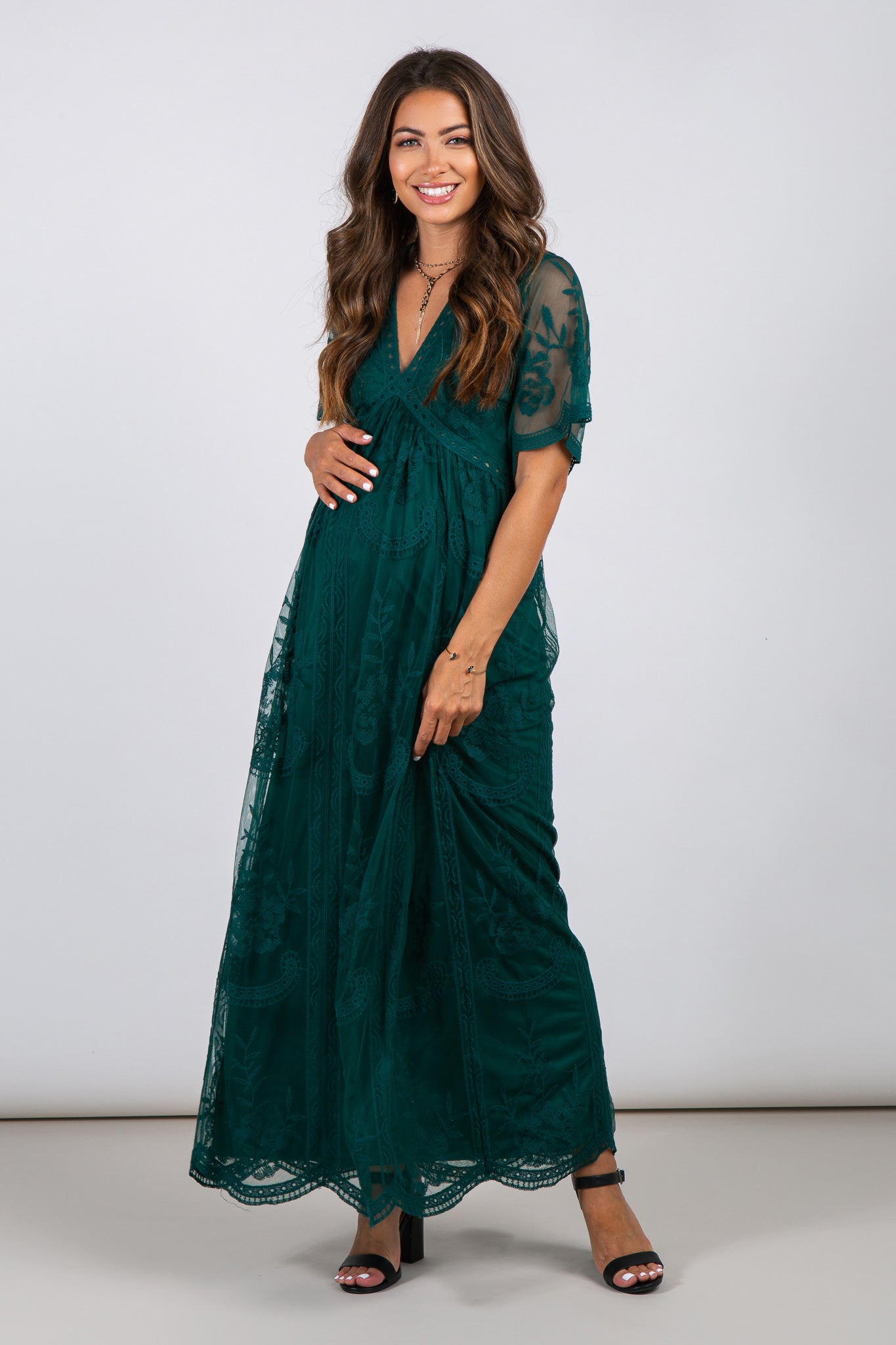 Groen kanten mesh overlay Maxi-Jurk